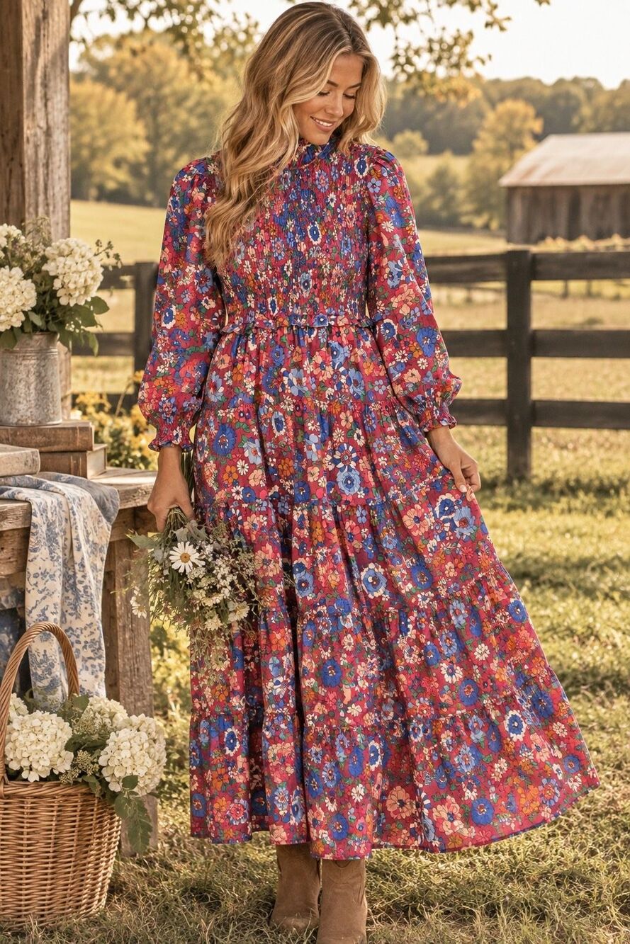 Karlie Dress Smocked Midi 70’s Retro Floral Size L PrairieCore Cottagecore